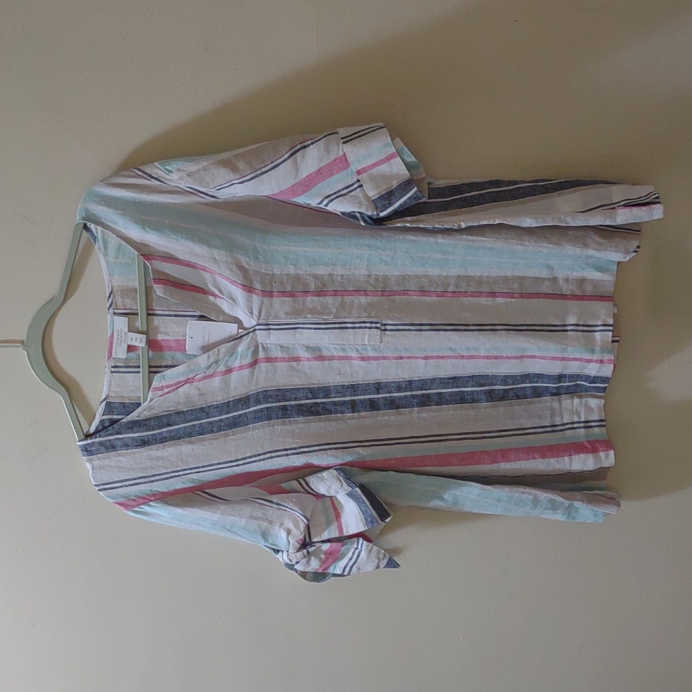 Charter Club 100% Linen Striped Tie-cuff Short-sleeve Top